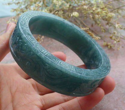 65mm Certified Hand Carved Blue Water Green Natural A JADE Jadeite Phoenix Circle Bangle Bracelet