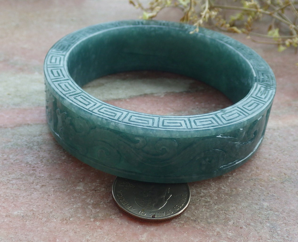 65mm Certified Hand Carved Blue Water Green Natural A JADE Jadeite Phoenix Circle Bangle Bracelet