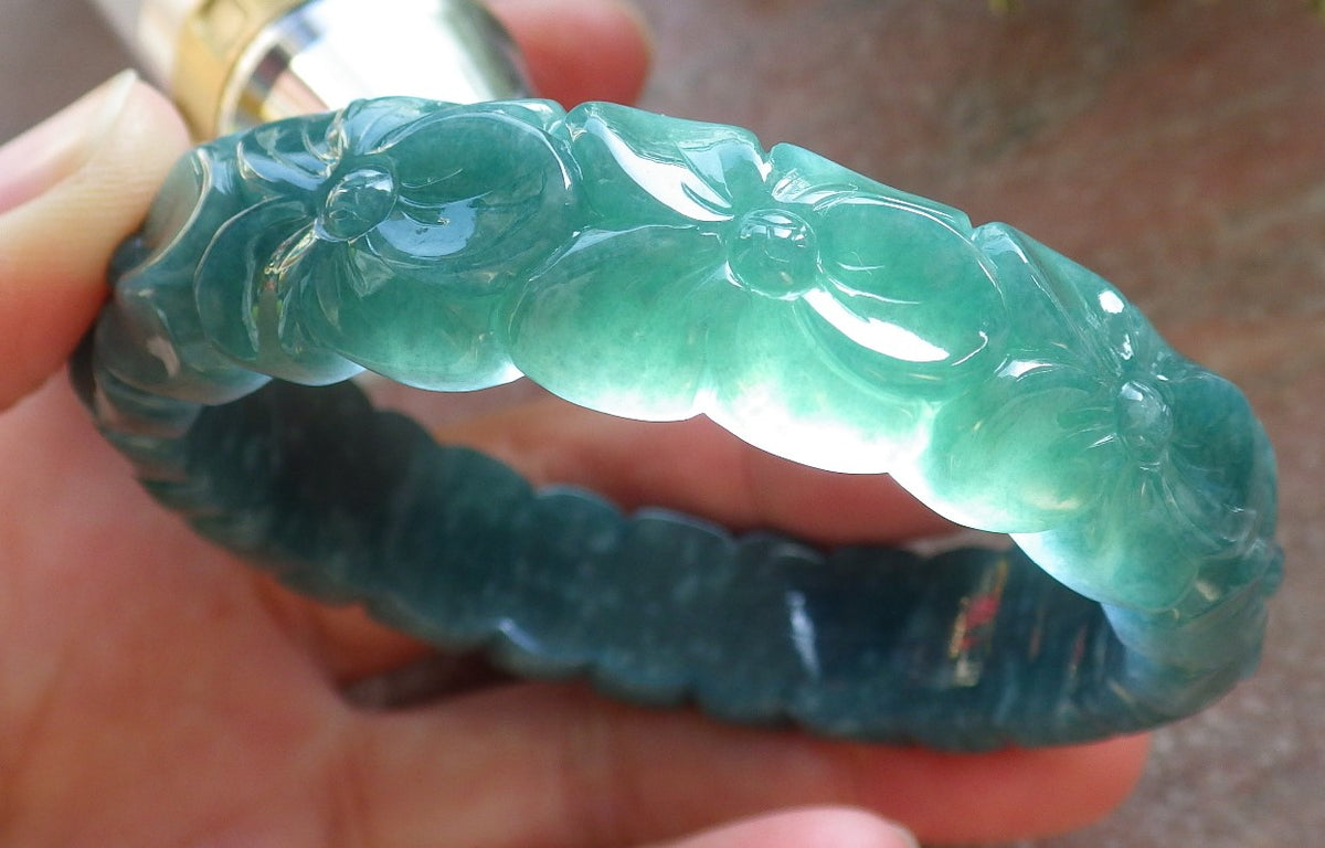 56mm Certified Hand Carved Green Natural A JADE Jadeite Rose Flower Circle Bangle Bracelet
