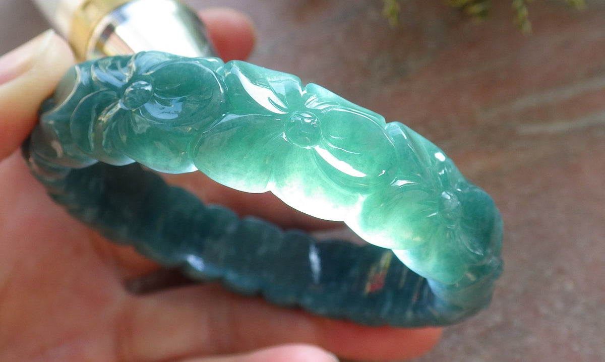56mm Certified Hand Carved Green Natural A JADE Jadeite Rose Flower Circle Bangle Bracelet