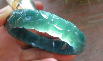 56mm Certified Hand Carved Green Natural A JADE Jadeite Rose Flower Circle Bangle Bracelet