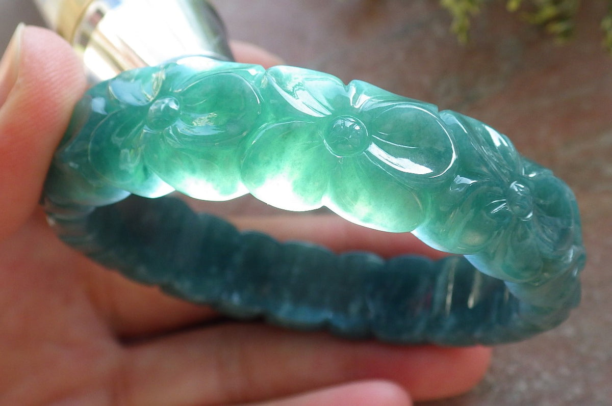 56mm Certified Hand Carved Green Natural A JADE Jadeite Rose Flower Circle Bangle Bracelet