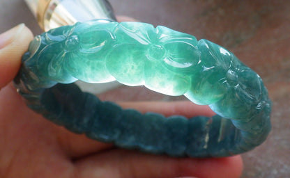 56mm Certified Hand Carved Green Natural A JADE Jadeite Rose Flower Circle Bangle Bracelet