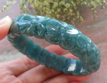 56mm Certified Hand Carved Green Natural A JADE Jadeite Rose Flower Circle Bangle Bracelet