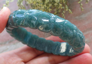 56mm Certified Hand Carved Green Natural A JADE Jadeite Rose Flower Circle Bangle Bracelet