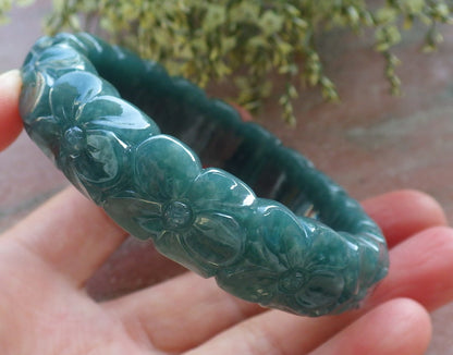 56mm Certified Hand Carved Green Natural A JADE Jadeite Rose Flower Circle Bangle Bracelet