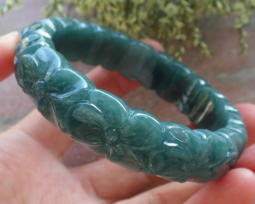 56mm Certified Hand Carved Green Natural A JADE Jadeite Rose Flower Circle Bangle Bracelet