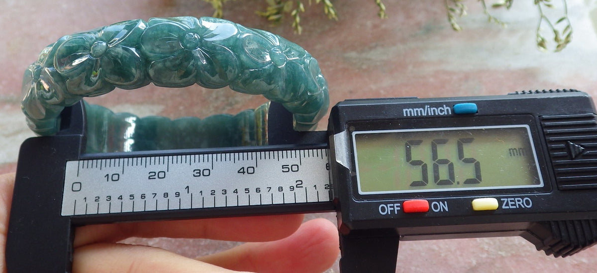 56mm Certified Hand Carved Green Natural A JADE Jadeite Rose Flower Circle Bangle Bracelet