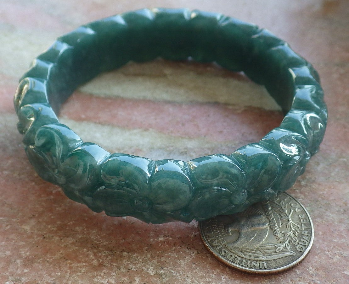 56mm Certified Hand Carved Green Natural A JADE Jadeite Rose Flower Circle Bangle Bracelet