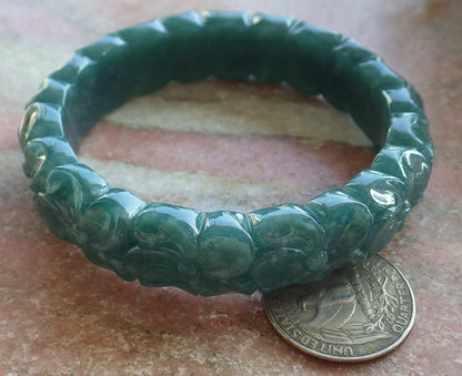 56mm Certified Hand Carved Green Natural A JADE Jadeite Rose Flower Circle Bangle Bracelet