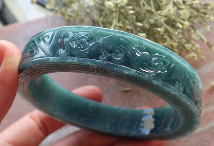 64mm Certified Hand Carved Natural Grade A JADE Jadeite Dragon Phoenix Circle Bangle Bracelet