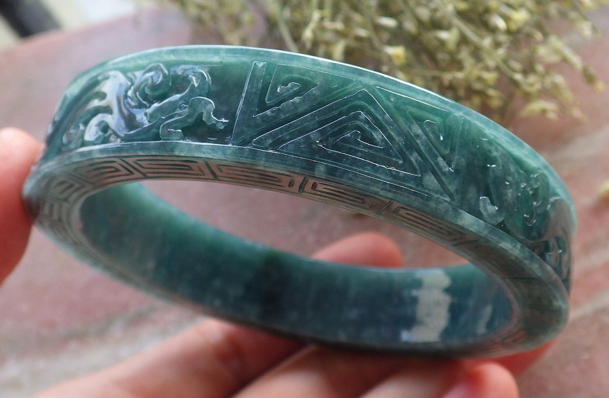 64mm Certified Hand Carved Natural Grade A JADE Jadeite Dragon Phoenix Circle Bangle Bracelet