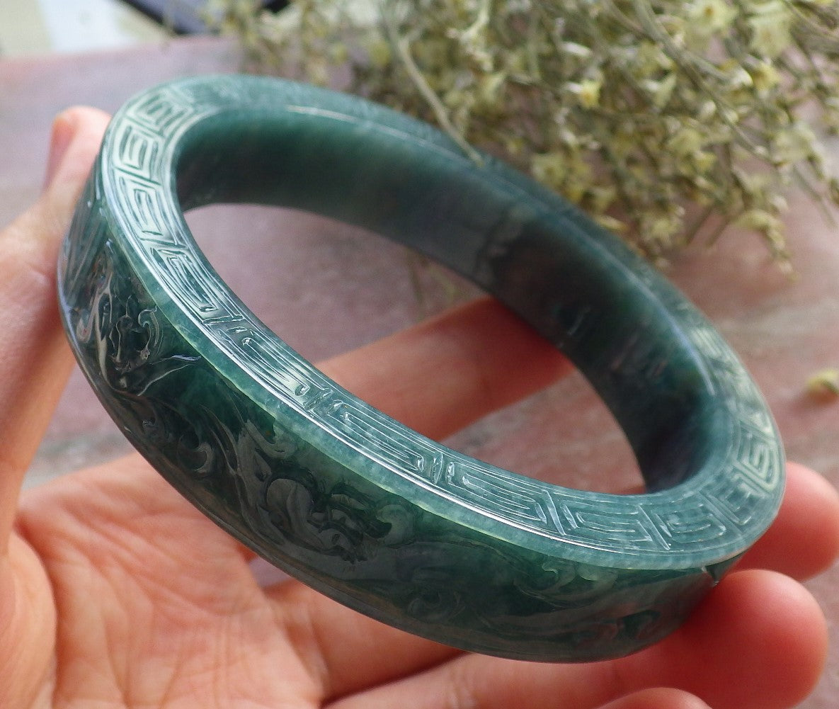 64mm Certified Hand Carved Natural Grade A JADE Jadeite Dragon Phoenix Circle Bangle Bracelet