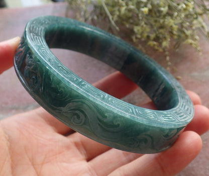 64mm Certified Hand Carved Natural Grade A JADE Jadeite Dragon Phoenix Circle Bangle Bracelet
