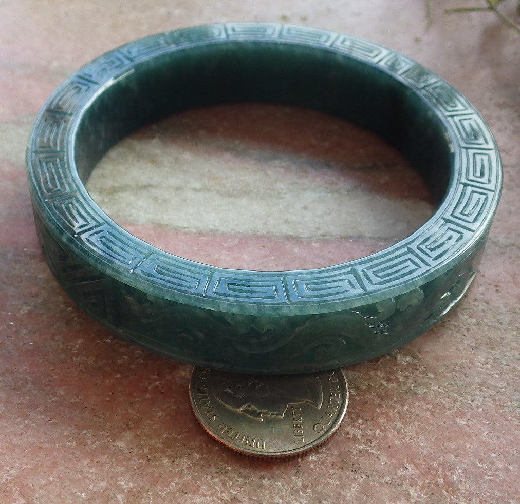 64mm Certified Hand Carved Natural Grade A JADE Jadeite Dragon Phoenix Circle Bangle Bracelet