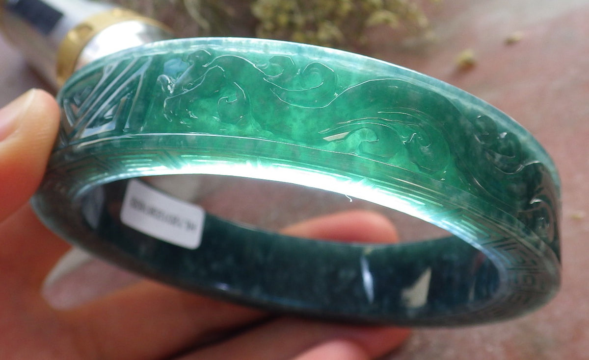 64mm Certified Hand Carved Natural Grade A JADE Jadeite Dragon Phoenix Circle Bangle Bracelet