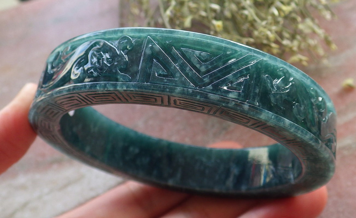 64mm Certified Hand Carved Natural Grade A JADE Jadeite Dragon Phoenix Circle Bangle Bracelet