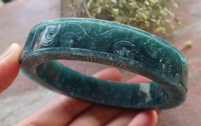 64mm Certified Hand Carved Natural Grade A JADE Jadeite Dragon Phoenix Circle Bangle Bracelet