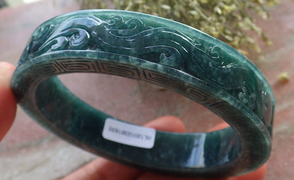 64mm Certified Hand Carved Natural Grade A JADE Jadeite Dragon Phoenix Circle Bangle Bracelet