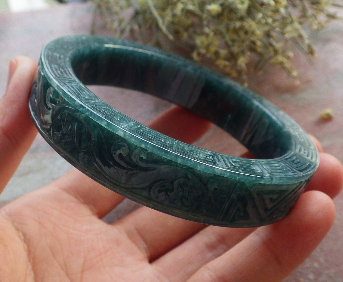 64mm Certified Hand Carved Natural Grade A JADE Jadeite Dragon Phoenix Circle Bangle Bracelet