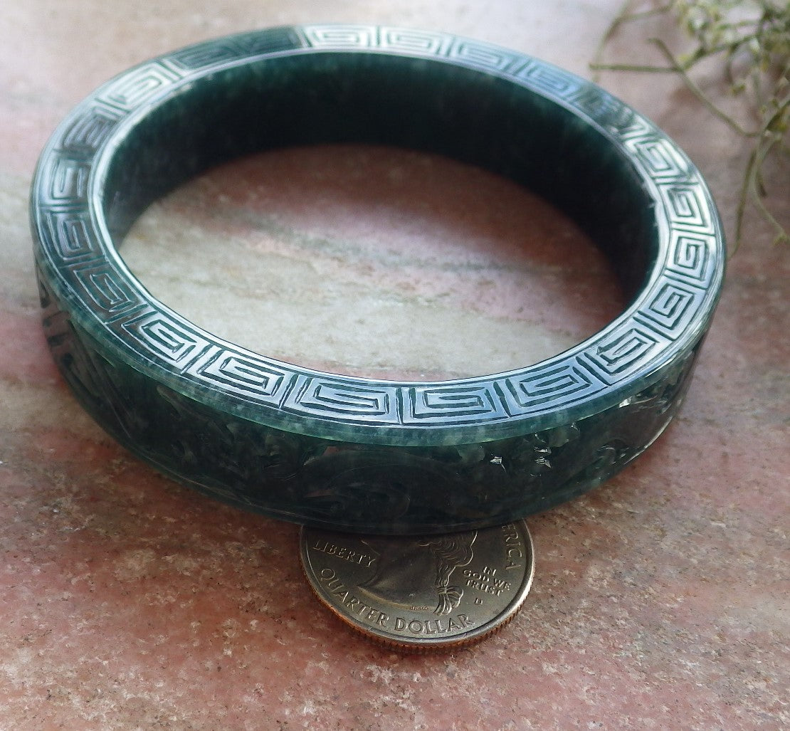 64mm Certified Hand Carved Natural Grade A JADE Jadeite Dragon Phoenix Circle Bangle Bracelet
