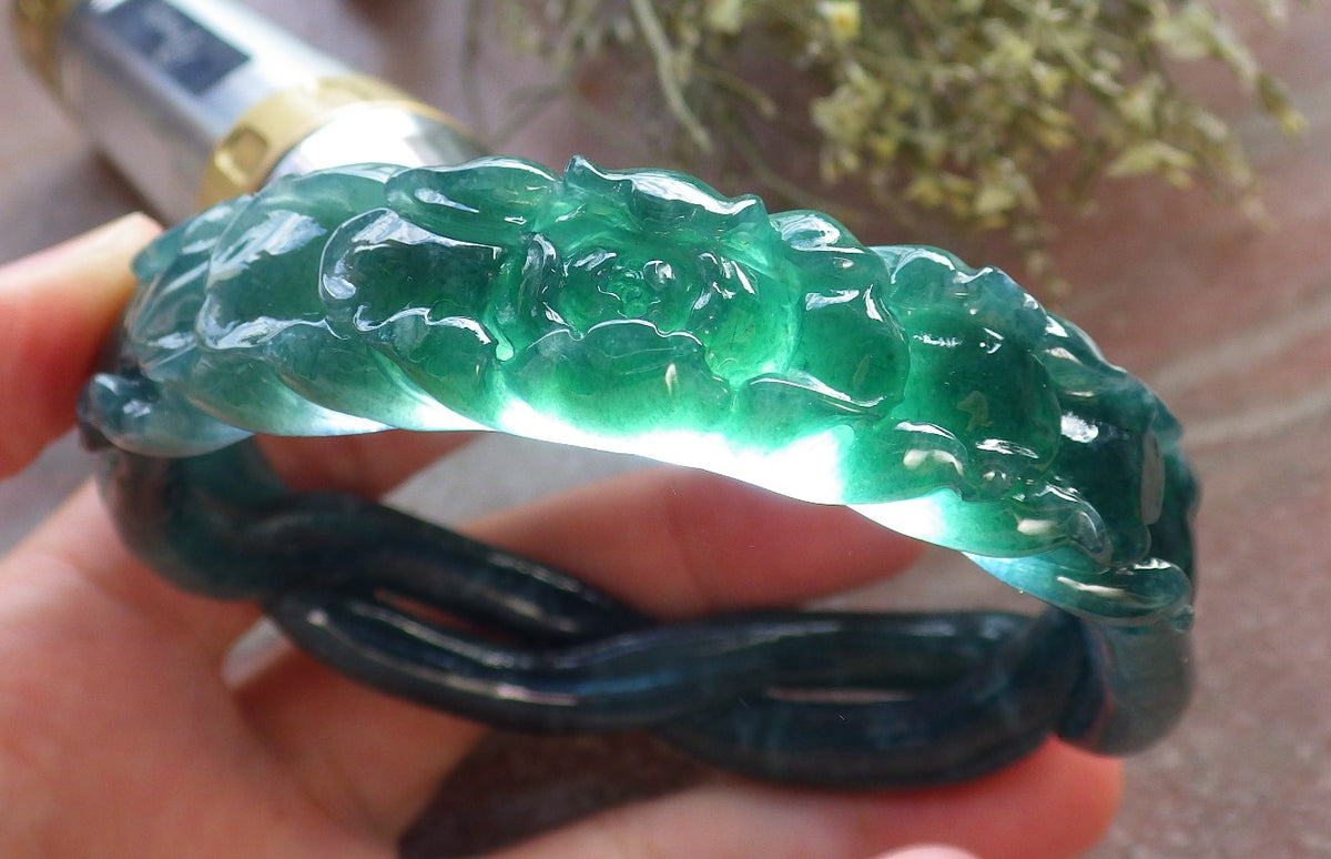 63mm Certified Hand Carved Icy Blue Green Natural A JADE Jadeite Flower Knotted Circle Bangle Bracelet