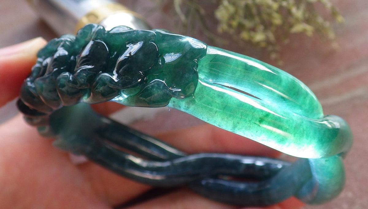 63mm Certified Hand Carved Icy Blue Green Natural A JADE Jadeite Flower Knotted Circle Bangle Bracelet