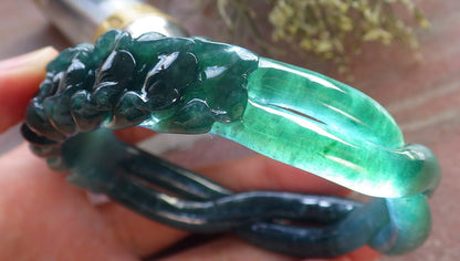 63mm Certified Hand Carved Icy Blue Green Natural A JADE Jadeite Flower Knotted Circle Bangle Bracelet