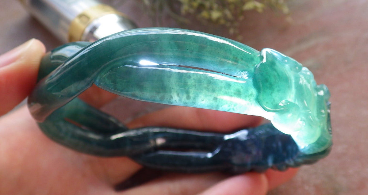 63mm Certified Hand Carved Icy Blue Green Natural A JADE Jadeite Flower Knotted Circle Bangle Bracelet