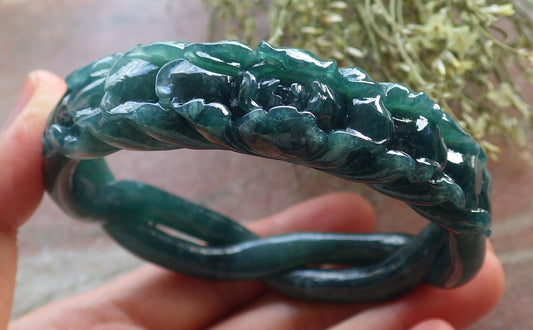63mm Certified Hand Carved Icy Blue Green Natural A JADE Jadeite Flower Knotted Circle Bangle Bracelet