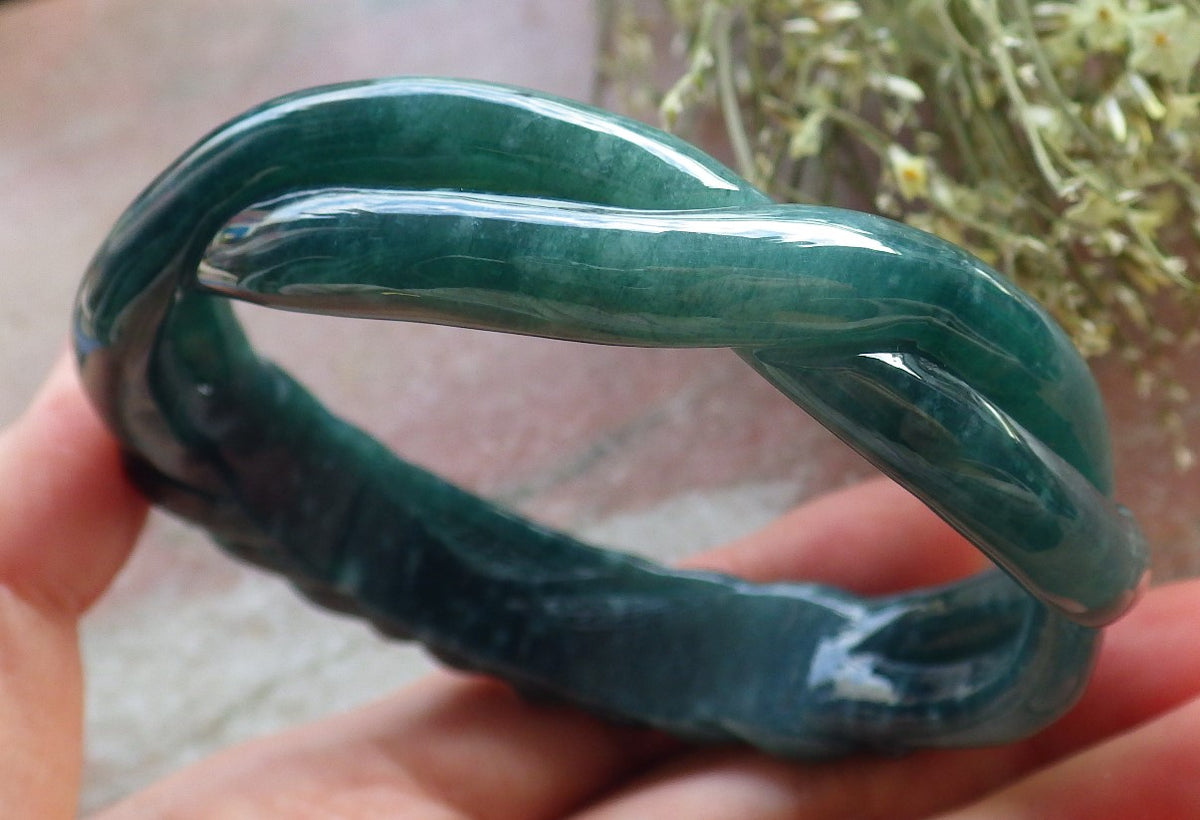 63mm Certified Hand Carved Icy Blue Green Natural A JADE Jadeite Flower Knotted Circle Bangle Bracelet