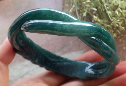 63mm Certified Hand Carved Icy Blue Green Natural A JADE Jadeite Flower Knotted Circle Bangle Bracelet