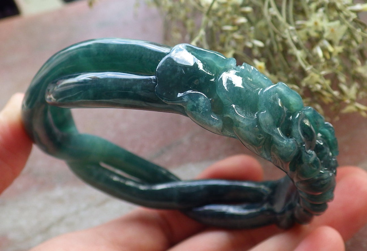 63mm Certified Hand Carved Icy Blue Green Natural A JADE Jadeite Flower Knotted Circle Bangle Bracelet