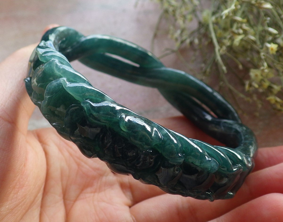 63mm Certified Hand Carved Icy Blue Green Natural A JADE Jadeite Flower Knotted Circle Bangle Bracelet