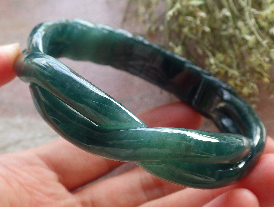 63mm Certified Hand Carved Icy Blue Green Natural A JADE Jadeite Flower Knotted Circle Bangle Bracelet