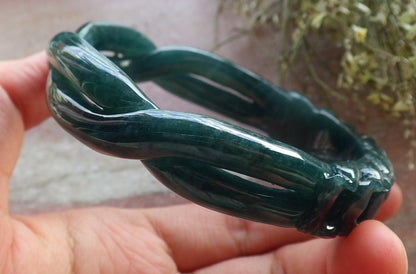 63mm Certified Hand Carved Icy Blue Green Natural A JADE Jadeite Flower Knotted Circle Bangle Bracelet