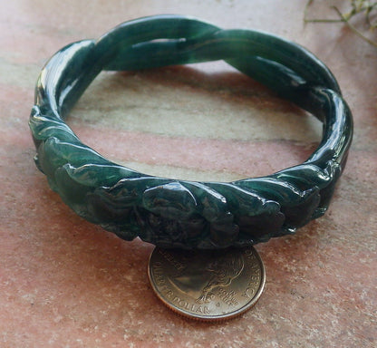 63mm Certified Hand Carved Icy Blue Green Natural A JADE Jadeite Flower Knotted Circle Bangle Bracelet