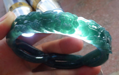 63mm Certified Hand Carved Icy Blue Green Natural A JADE Jadeite Flower Knotted Circle Bangle Bracelet