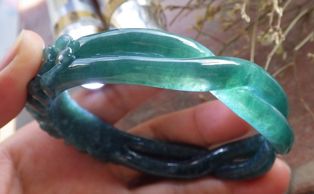 63mm Certified Hand Carved Icy Blue Green Natural A JADE Jadeite Flower Knotted Circle Bangle Bracelet