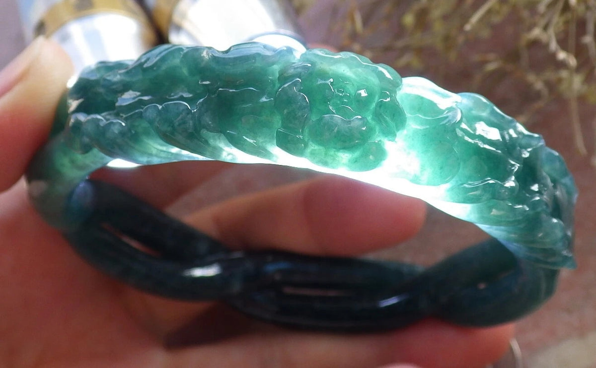 63mm Certified Hand Carved Icy Blue Green Natural A JADE Jadeite Flower Knotted Circle Bangle Bracelet