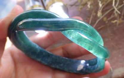 63mm Certified Hand Carved Icy Blue Green Natural A JADE Jadeite Flower Knotted Circle Bangle Bracelet