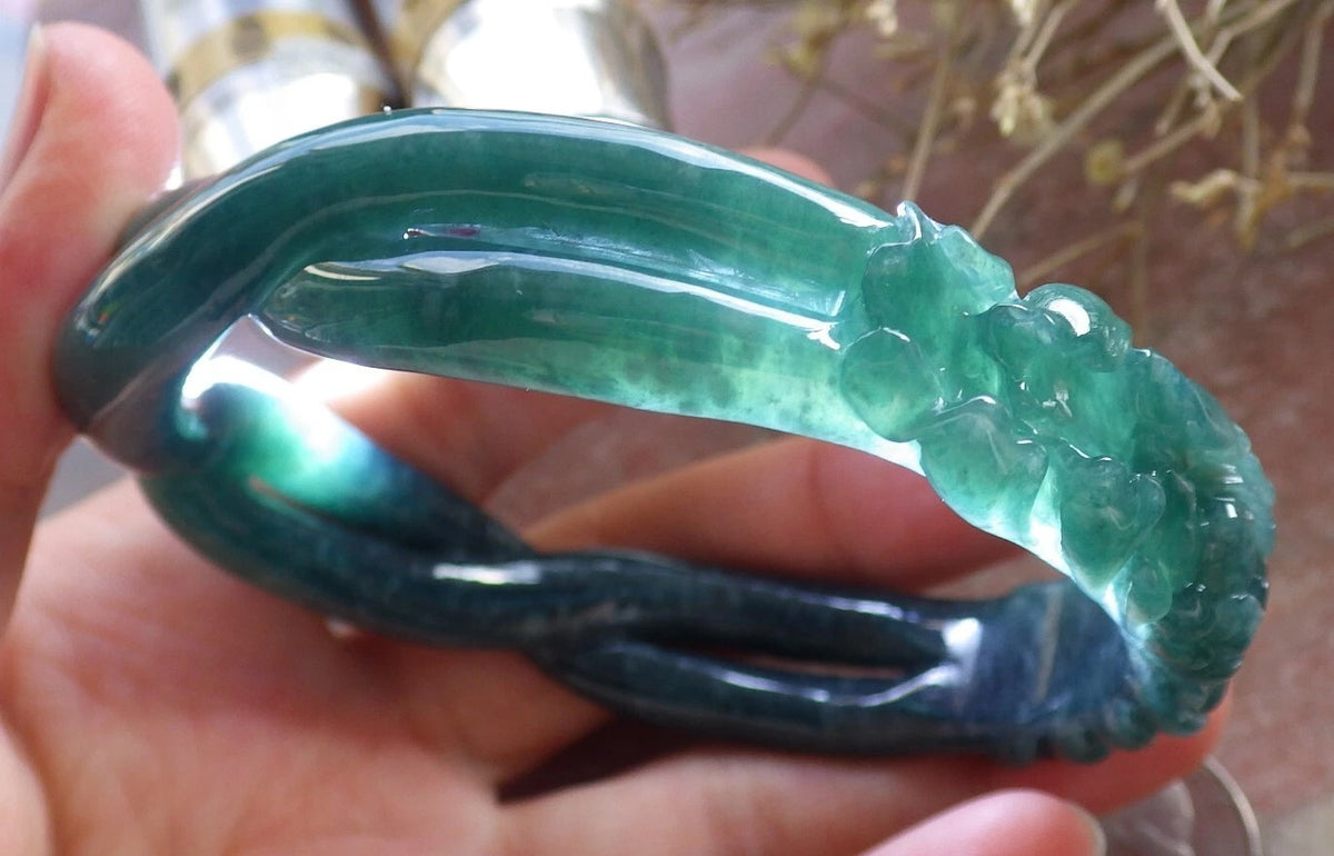 63mm Certified Hand Carved Icy Blue Green Natural A JADE Jadeite Flower Knotted Circle Bangle Bracelet