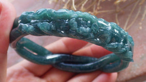 63mm Certified Hand Carved Icy Blue Green Natural A JADE Jadeite Flower Knotted Circle Bangle Bracelet