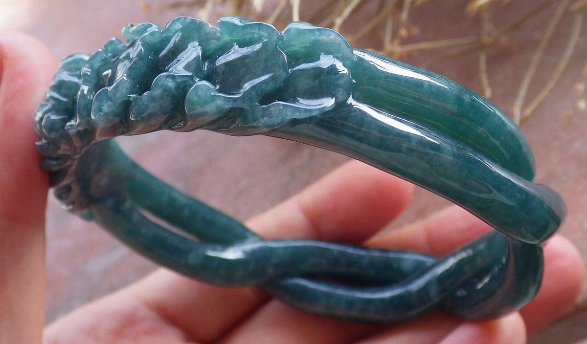 63mm Certified Hand Carved Icy Blue Green Natural A JADE Jadeite Flower Knotted Circle Bangle Bracelet