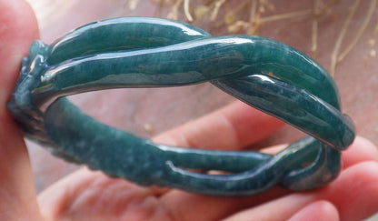 63mm Certified Hand Carved Icy Blue Green Natural A JADE Jadeite Flower Knotted Circle Bangle Bracelet