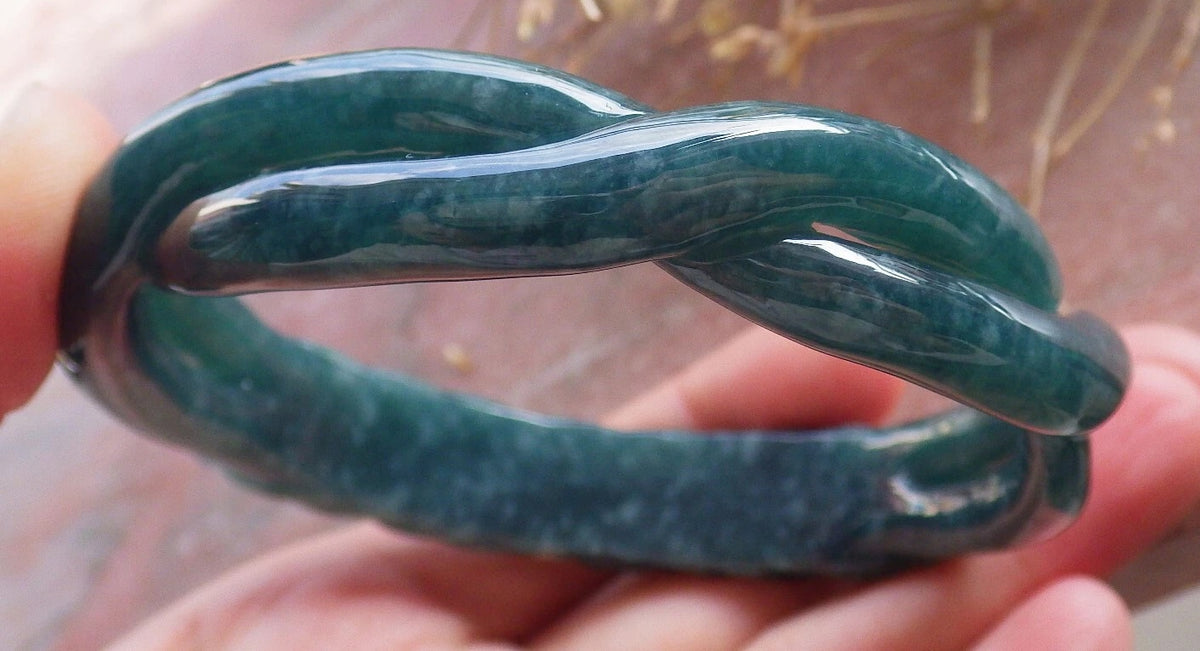 63mm Certified Hand Carved Icy Blue Green Natural A JADE Jadeite Flower Knotted Circle Bangle Bracelet
