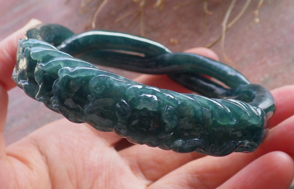 63mm Certified Hand Carved Icy Blue Green Natural A JADE Jadeite Flower Knotted Circle Bangle Bracelet