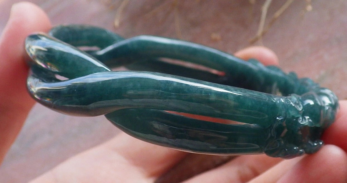 63mm Certified Hand Carved Icy Blue Green Natural A JADE Jadeite Flower Knotted Circle Bangle Bracelet