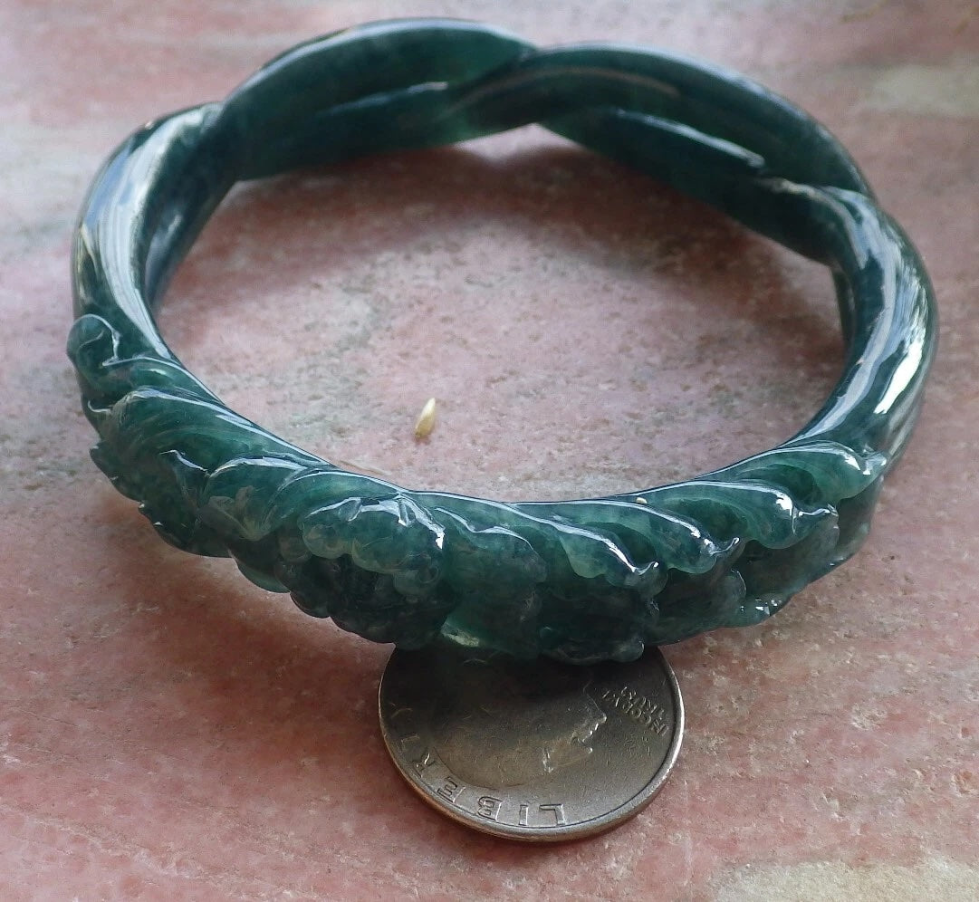 63mm Certified Hand Carved Icy Blue Green Natural A JADE Jadeite Flower Knotted Circle Bangle Bracelet