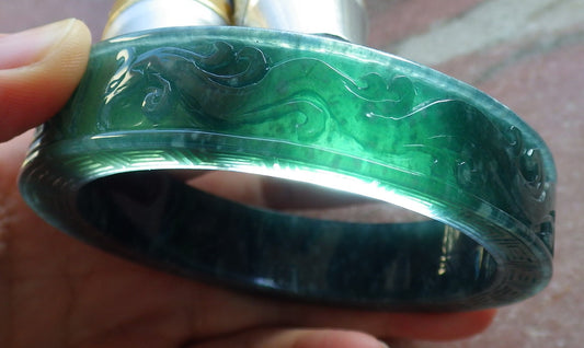 63mm Certified Hand Carved Blue Water Green Natural A JADE Jadeite Dragon Phoenix Circle Bangle Bracelet